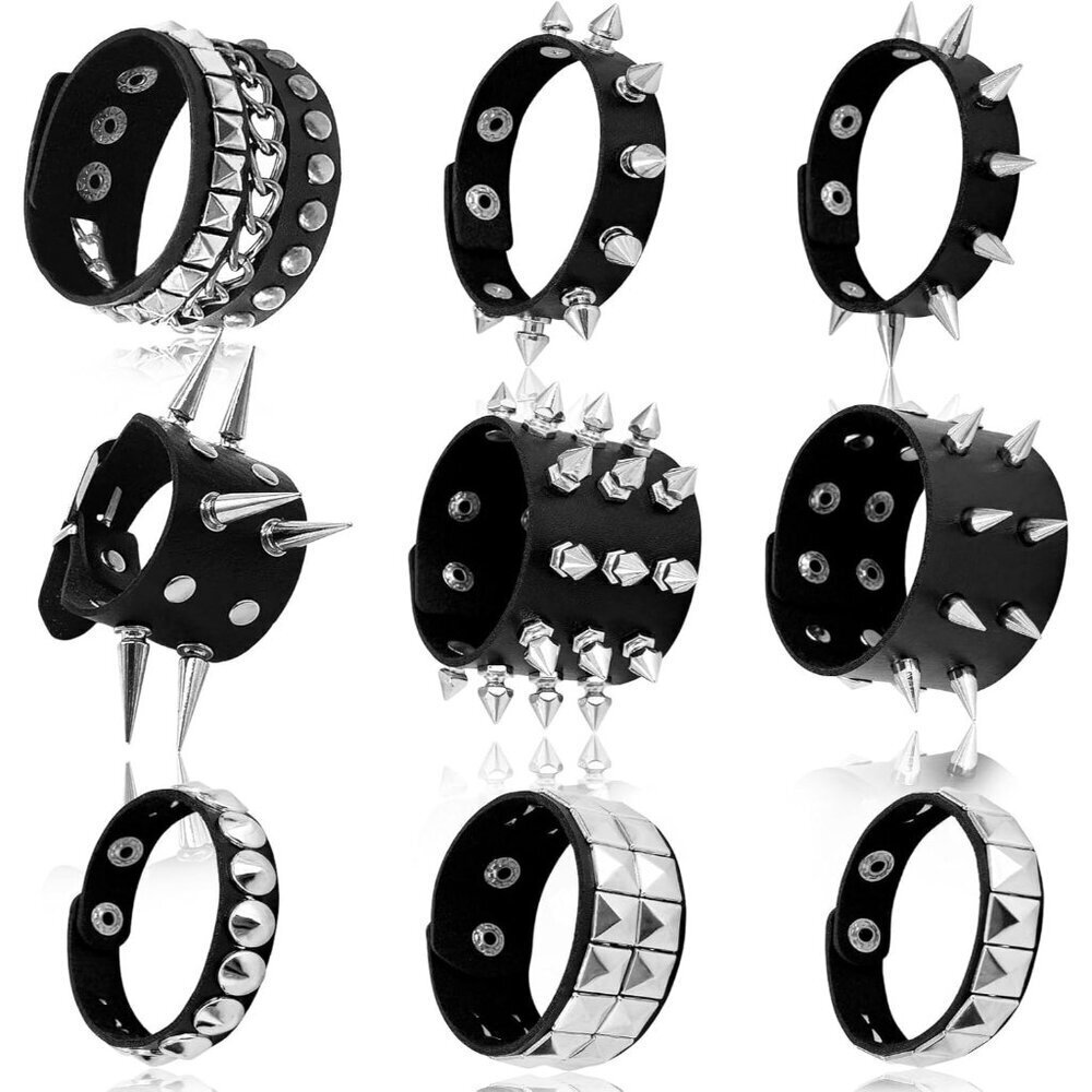 Leather Punk Studded Bracelets 9 Pcs Adjustable Gothic Accessories